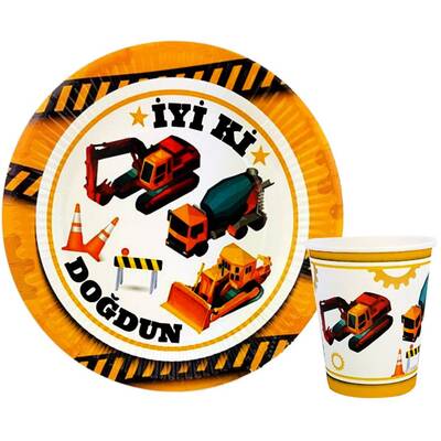 İnşaat Teması Tabak Bardak Set 8 Li - 1