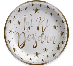 İyi ki Doğdun Gold Varak Baskılı Beyaz Tabak 6 Adet - Parti Sürprizi