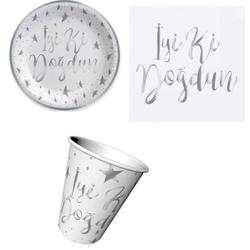 İyi Ki Doğdun Varak Baskılı Gümüş 6 Lı Set - Parti Sürprizi