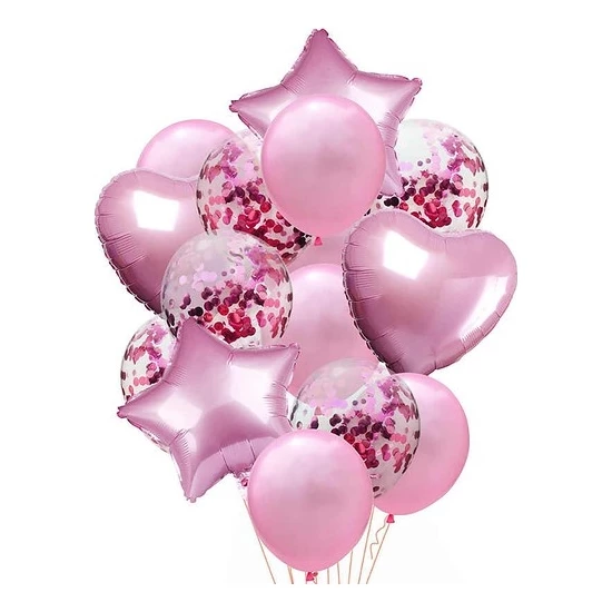 Kalpli Konfetili Pembe Yıldız Folyo Balon Demeti - Parti Sürprizi