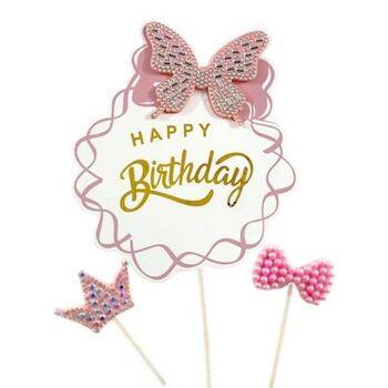 Kelebek Taşlı Happy Birthday Lüx Pasta Süsü - 1