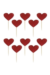 Kırmızı Simli Kalp Eva Kürdan 12 Adet - Parti Sürprizi