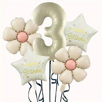 Krem Papatya 1 den 9 Yıldız Rakam Folyo Balon Set - 4