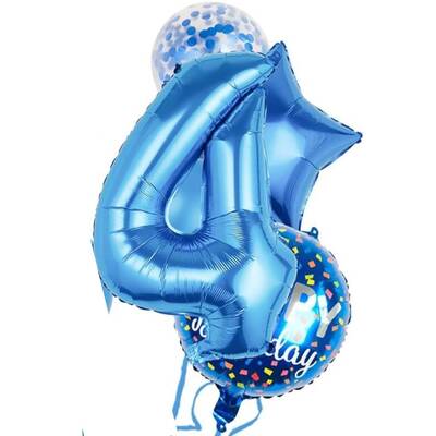 Mavi 4 Yaş Happy Birthday Konfetili Balon Set
