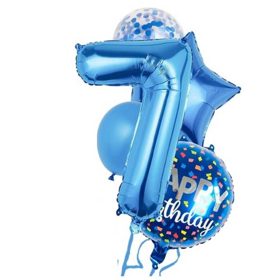 Mavi 7 Yaş Happy Birthday Konfetili Balon Set