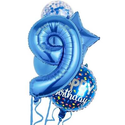 Mavi 9 Yaş Happy Birthday Konfetili Balon Set