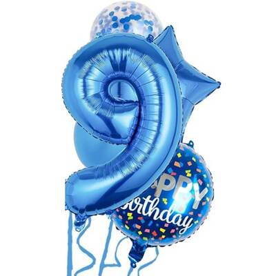 Mavi 9 Yaş Happy Birthday Konfetili Balon Set - 1