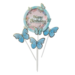 Mavi Gold Kelebek Happy Birthday Pasta Kürdan Set - Parti Sürprizi