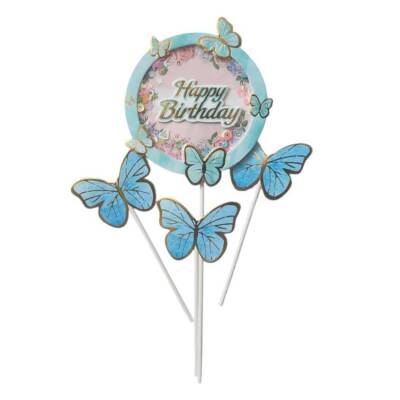 Mavi Gold Kelebek Happy Birthday Pasta Kürdan Set - 1