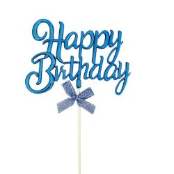 Mavi Happy Birthday Fiyonklu Pasta Süsü - Parti Sürprizi