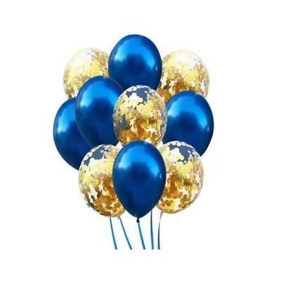 Mavi Metalik Gold Konfetili Latex Balon 10 Adet