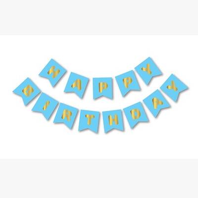 Mavi Üzeri Gold Happy Bırthday Yaldızlı Harf Banner - 1