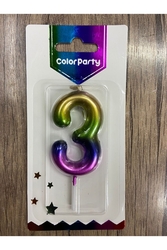 Metalik Gökkuşağı 3 Rakam Mum 7 Cm - Parti Sürprizi