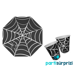 Cadılar Bayramı Örümcek Ağı Siyah Tabak Bardak Set - Parti Sürprizi