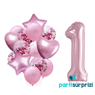 Pembe 1 Yaş Folyo Balon Set - 1