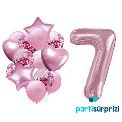 Pembe 7 Yaş Folyo Balon Set - Parti Sürprizi