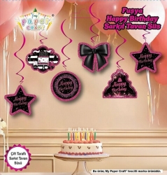 Pembe Happy Birthday 6 lı Sarkıt Tavan süs - Parti Sürprizi