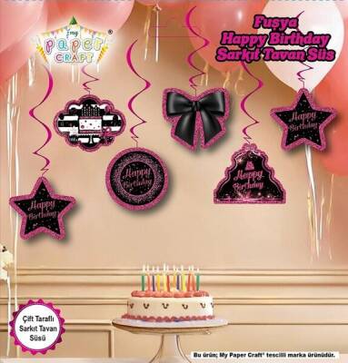 Pembe Happy Birthday 6 lı Sarkıt Tavan süs - 1
