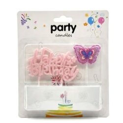 Pembe Happy Birthday Kelebekli Mum Set - Parti Sürprizi