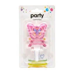 Pembe Kelebek Happy Birthday Çiçekli Mum 1 Adet - Parti Sürprizi