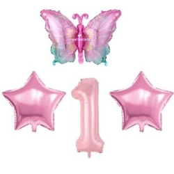 Pembe Kelebekli 1 Yaş Folyo Balon Set - Parti Sürprizi