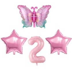 Pembe Kelebekli 2 Yaş Folyo Balon Set - Parti Sürprizi