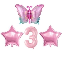 Pembe Kelebekli 3 Yaş Folyo Balon Set - Parti Sürprizi