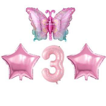 Pembe Kelebekli 3 Yaş Folyo Balon Set - 1