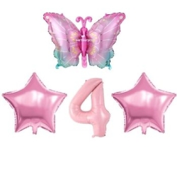 Pembe Kelebekli 4 Yaş Folyo Balon Set - Parti Sürprizi