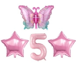 Pembe Kelebekli 5 Yaş Folyo Balon Set - Parti Sürprizi