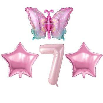 Pembe Kelebekli 7 Yaş Folyo Balon Set - 1