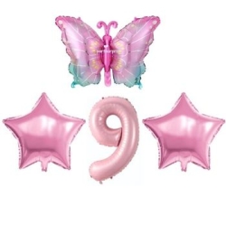 Pembe Kelebekli 9 Yaş Folyo Balon Set - Parti Sürprizi