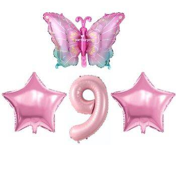 Pembe Kelebekli 9 Yaş Folyo Balon Set - 1
