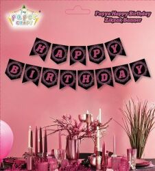 Pembe Siyah Happy Birthday Banner Afiş - Parti Sürprizi