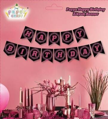 Pembe Siyah Happy Birthday Banner Afiş - 1