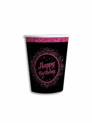 Pembe Siyah Happy Birthday Karton Bardak 8 Adet - 1