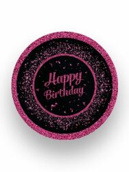 Pembe Siyah Happy Birthday Karton Tabak 8 Adet - Parti Sürprizi