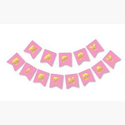 Pembe Üzeri Gold Happy Bırthday Yaldızlı Harf Banner - 1