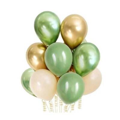 Retro Beyaz Yeşil Gold Krom Latex Balon 10 Adet