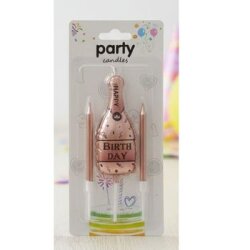 Rose Gold Happy Birthday Şampanya Şişesi Şekilli Mum - Parti Sürprizi