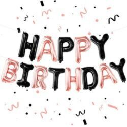 Rose Gold Siyah Happy Birthday Harf Folyo Balon Set - Parti Sürprizi