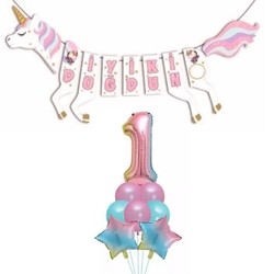 Şekilli Unicorn 1 Yaş İyi Ki Doğdun Gökkuşağı Balonlu Set - Parti Sürprizi