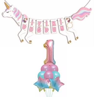 Şekilli Unicorn 1 Yaş İyi Ki Doğdun Gökkuşağı Balonlu Set