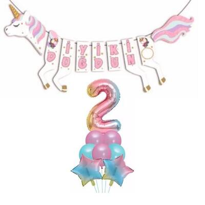 Şekilli Unicorn 2 Yaş İyi Ki Doğdun Gökkuşağı Balonlu Set