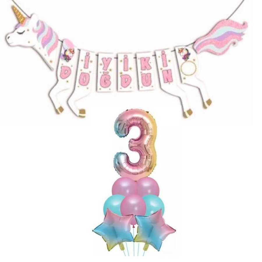Şekilli Unicorn 3 Yaş İyi Ki Doğdun Gökkuşağı Balonlu Set