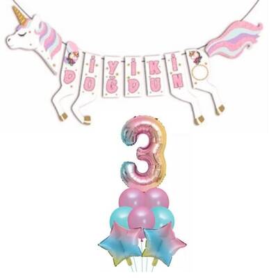 Şekilli Unicorn 3 Yaş İyi Ki Doğdun Gökkuşağı Balonlu Set
