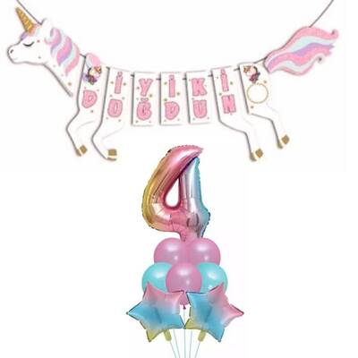 Şekilli Unicorn 4 Yaş İyi Ki Doğdun Gökkuşağı Balonlu Set