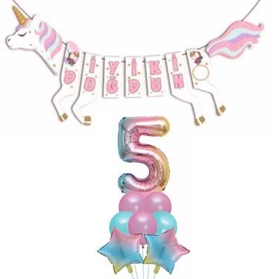 Şekilli Unicorn 5 Yaş İyi Ki Doğdun Gökkuşağı Balonlu Set
