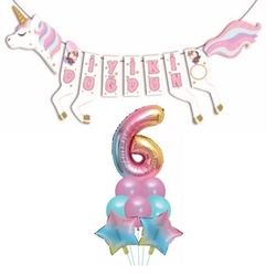 Şekilli Unicorn 6 Yaş İyi Ki Doğdun Gökkuşağı Balonlu Set - Parti Sürprizi