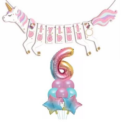 Şekilli Unicorn 6 Yaş İyi Ki Doğdun Gökkuşağı Balonlu Set
